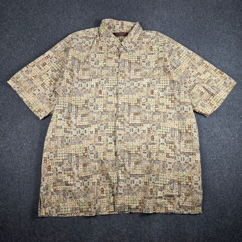 Tori Richard Button Down Shirt Mens XL Brown Cotton Lawn Geometric Aloha‎ Hawaii